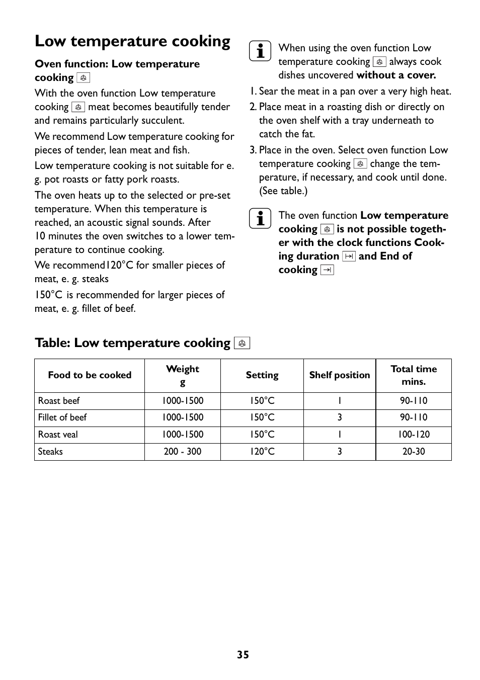 Low temperature cooking, Table: low temperature cooking | John Lewis JLBIOS609 User Manual | Page 35 / 60