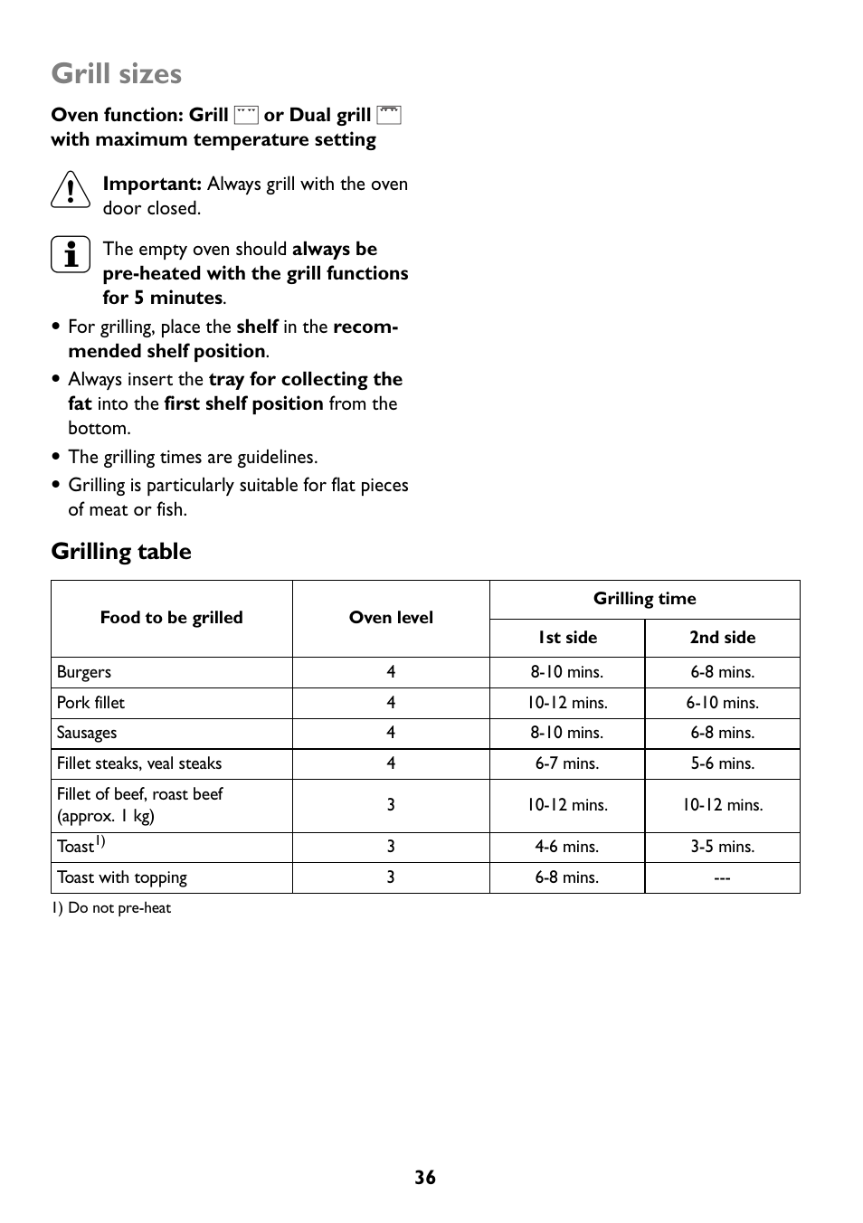 Grill sizes, Grilling table | John Lewis JLBIOS609 User Manual | Page 36 / 60