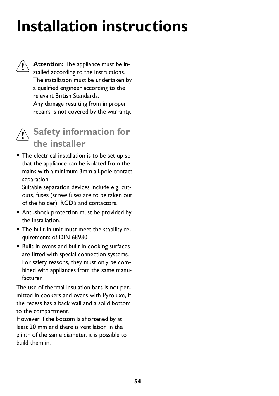 Installation instructions, Safety information for the installer | John Lewis JLBIOS609 User Manual | Page 54 / 60