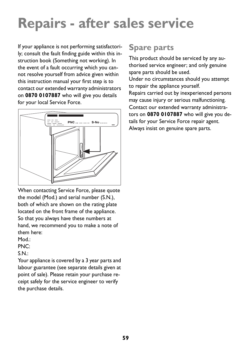 Repairs - after sales service, Spare parts | John Lewis JLBIOS609 User Manual | Page 59 / 60