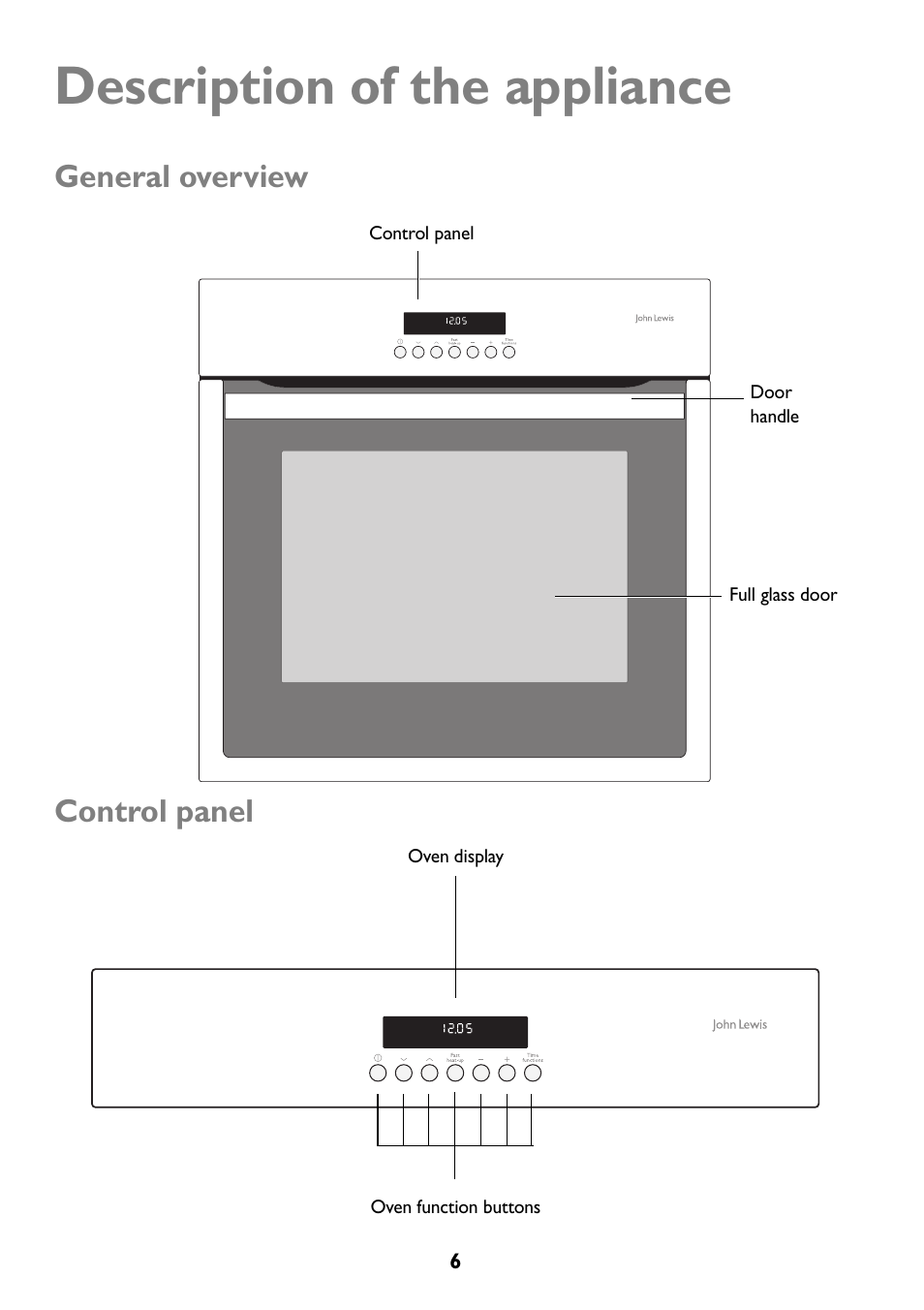 Description of the appliance, General overview, Control panel | John Lewis JLBIOS609 User Manual | Page 6 / 60