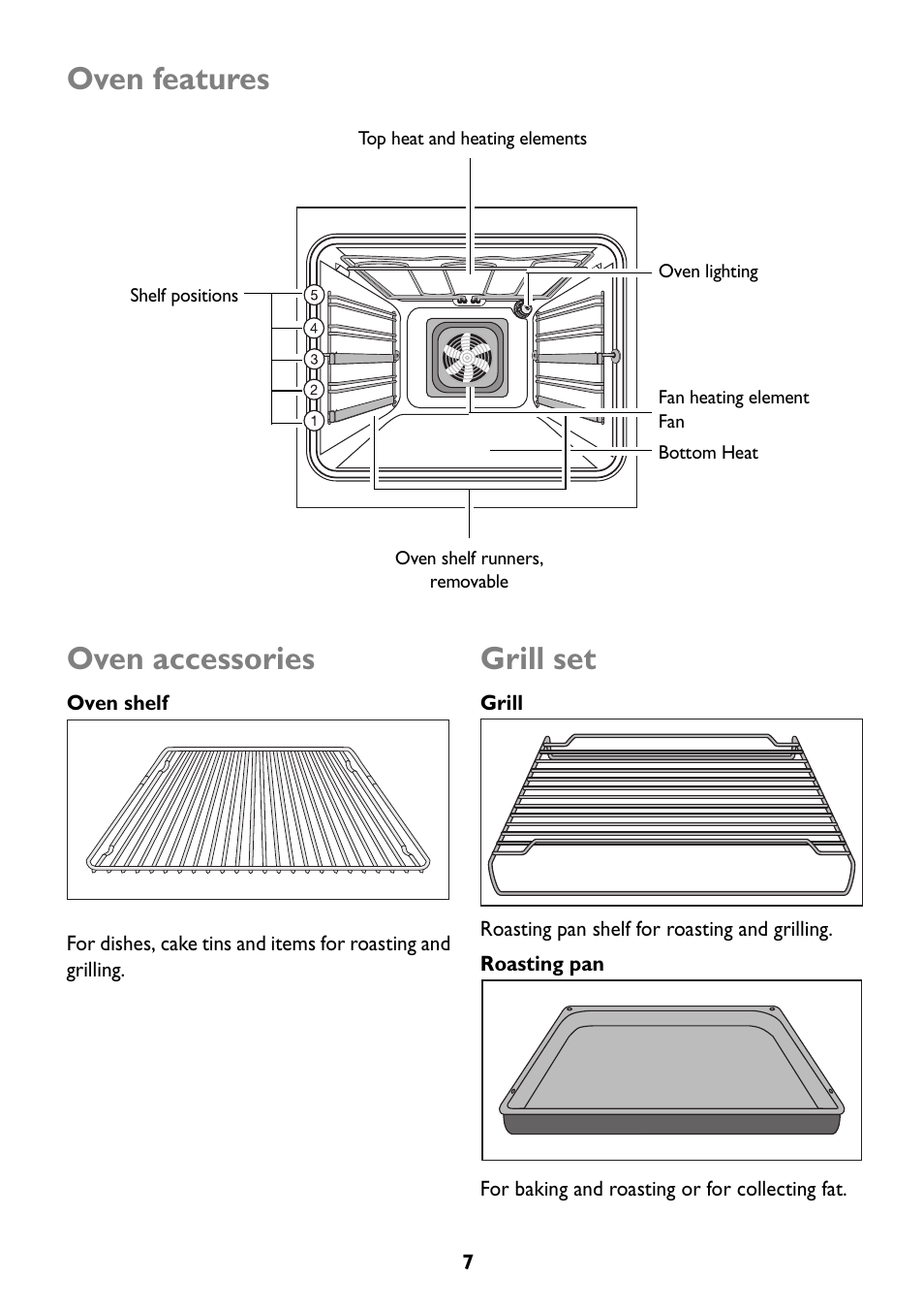 Oven features, Oven accessories, Grill set | John Lewis JLBIOS609 User Manual | Page 7 / 60