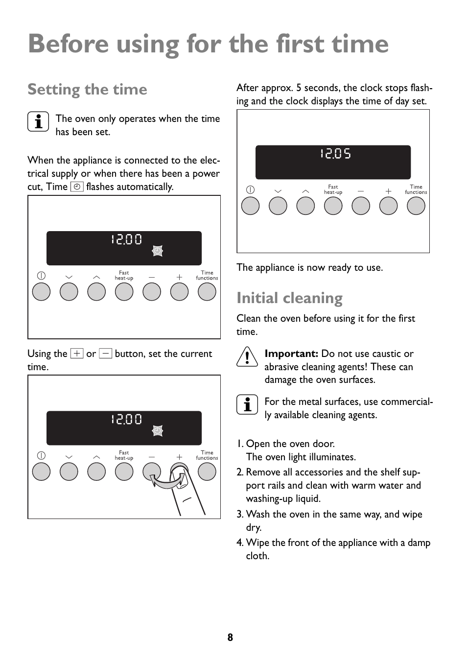 Before using for the first time, Setting the time, Initial cleaning | John Lewis JLBIOS609 User Manual | Page 8 / 60