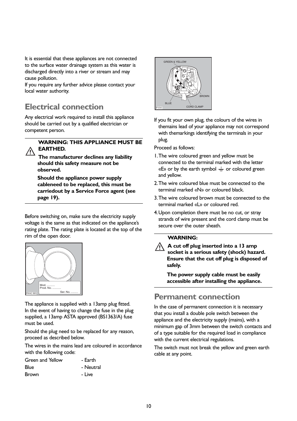 Electrical connection, Permanent connection | John Lewis JLWM1202 User Manual | Page 10 / 27
