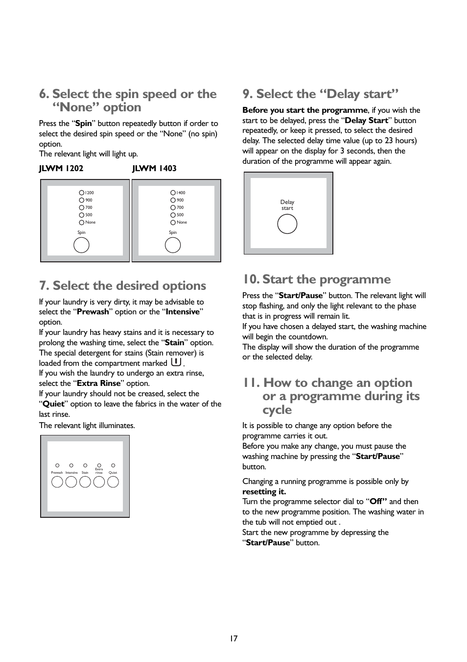 Select the spin speed or the “none” option, Select the desired options, Select the “delay start | Start the programme | John Lewis JLWM1202 User Manual | Page 17 / 27