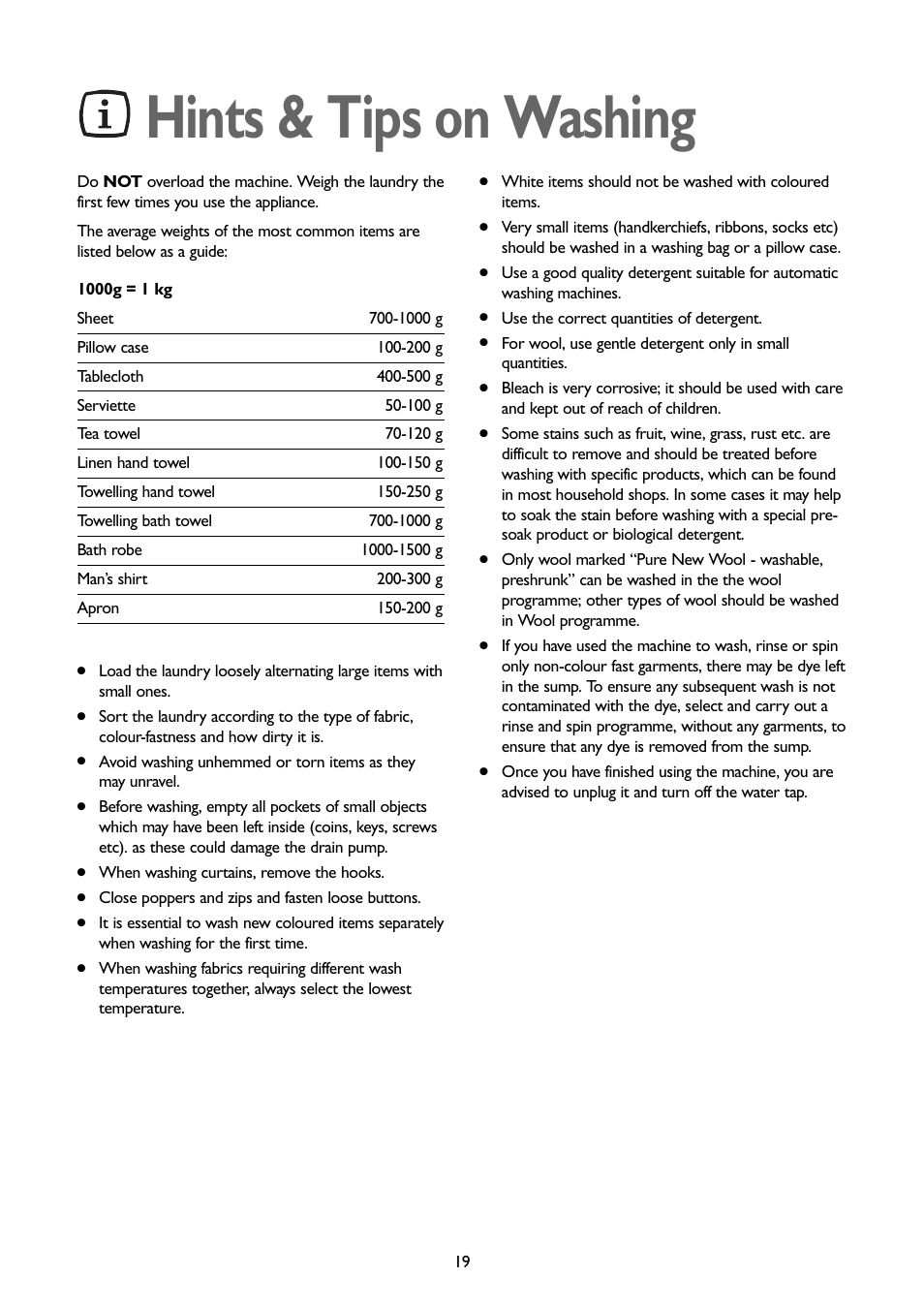 Hints & tips on washing | John Lewis JLWM1202 User Manual | Page 19 / 27