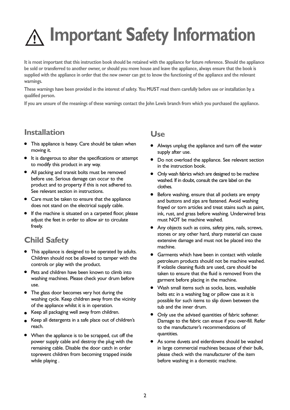 Important safety information, Installation, Child safety | John Lewis JLWM1202 User Manual | Page 2 / 27