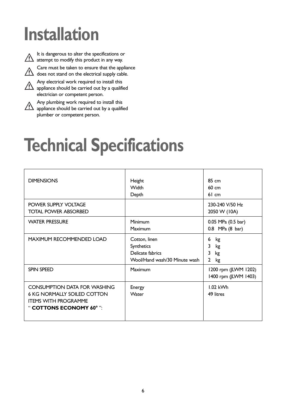 Installation technical specifications | John Lewis JLWM1202 User Manual | Page 6 / 27