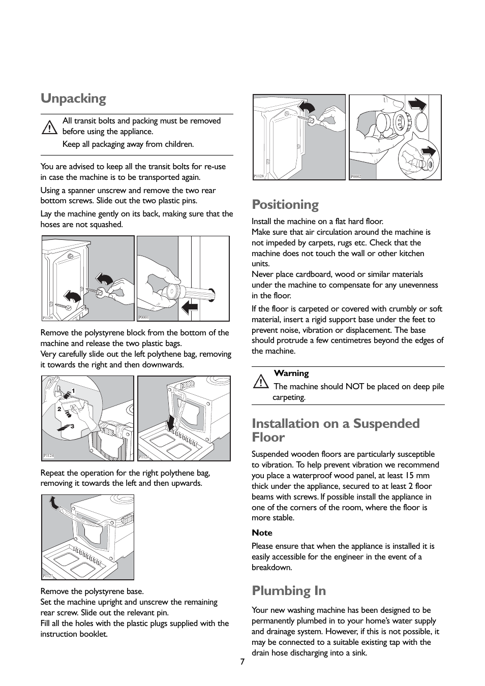 Unpacking, Positioning, Installation on a suspended floor | Plumbing in | John Lewis JLWM1202 User Manual | Page 7 / 27