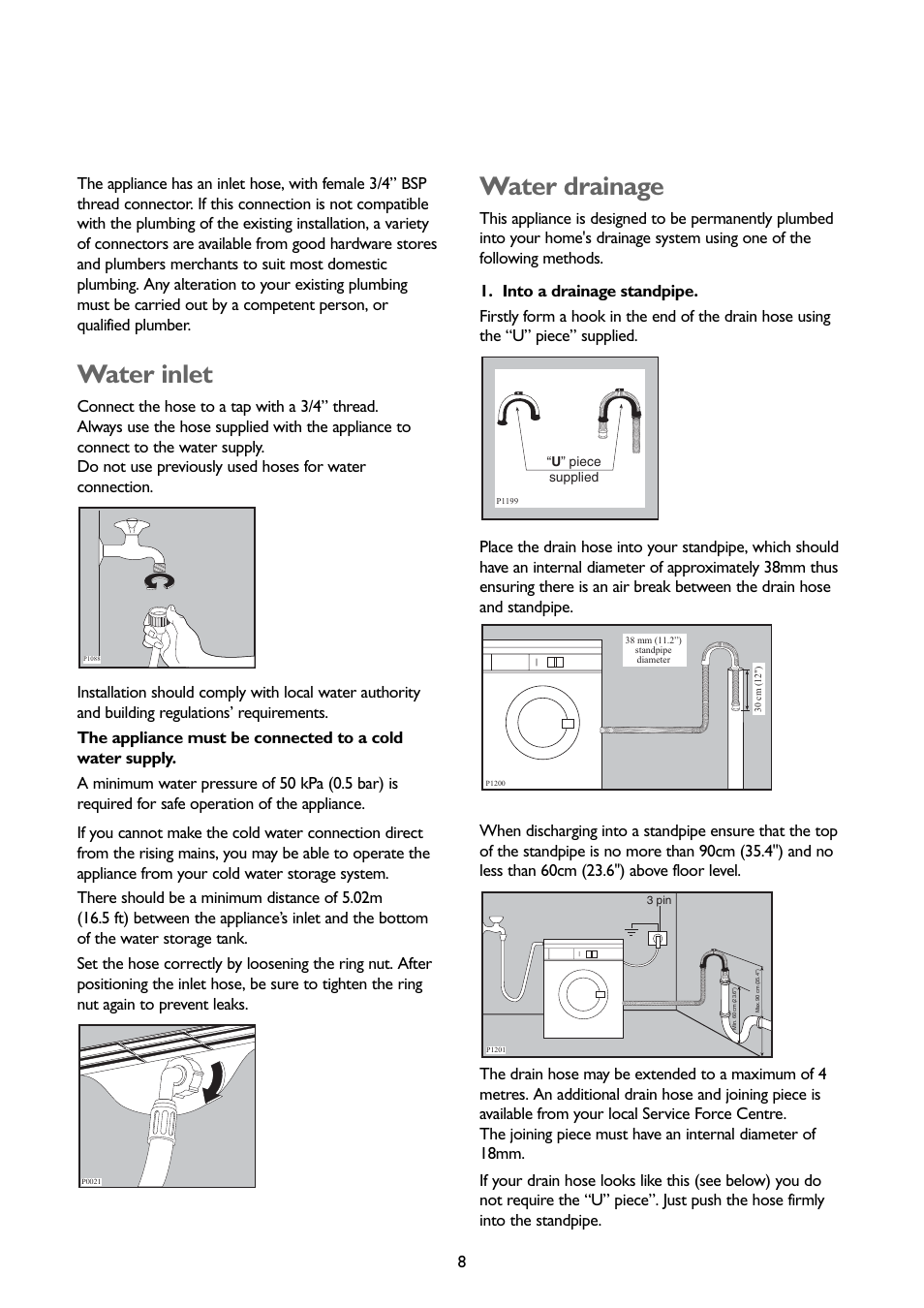 Water inlet, Water drainage | John Lewis JLWM1202 User Manual | Page 8 / 27