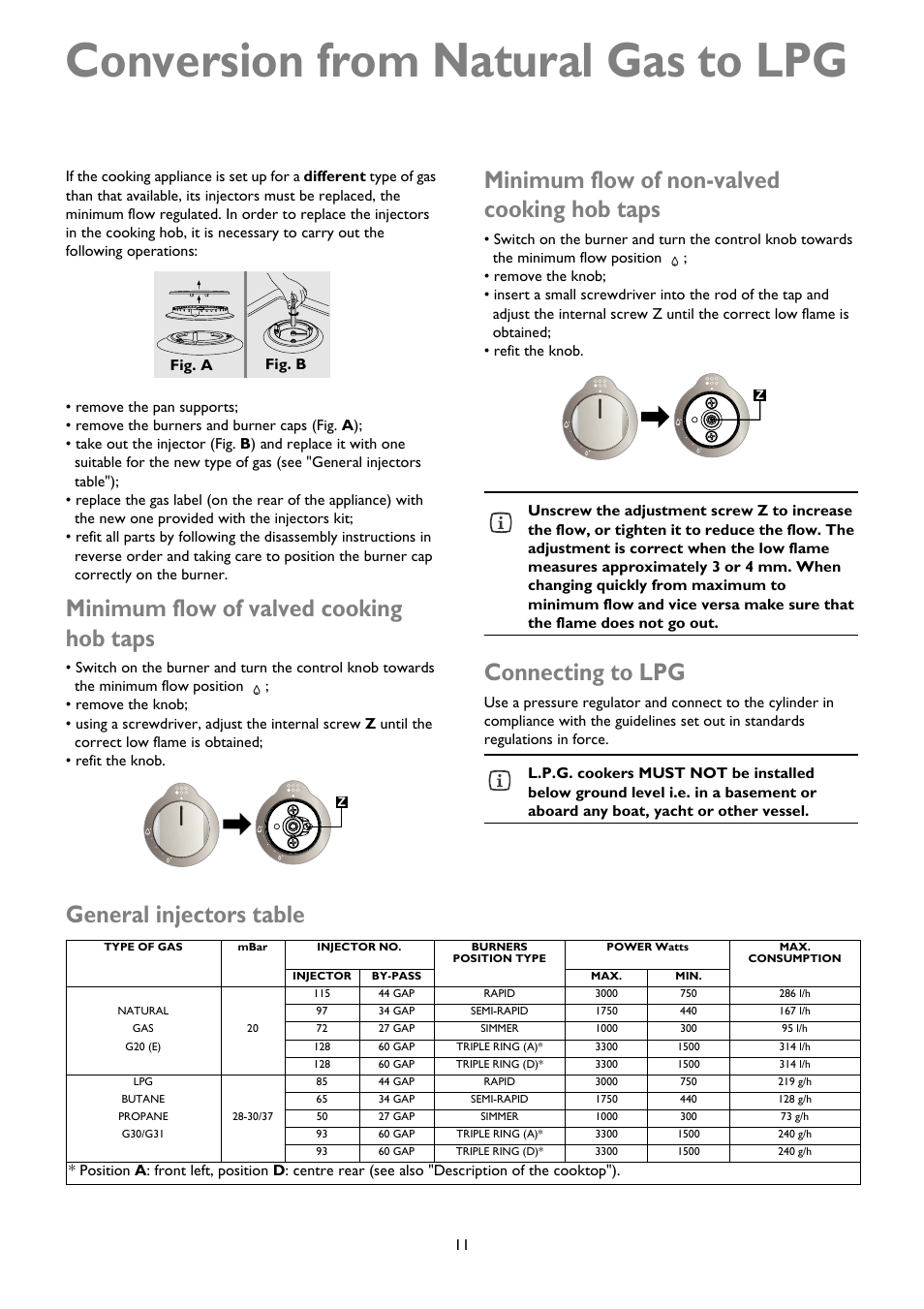 Conversion from natural gas to lpg, Minimum flow of valved cooking hob taps, Minimum flow of non-valved cooking hob taps | Connecting to lpg, General injectors table | John Lewis JLRC101 User Manual | Page 11 / 28
