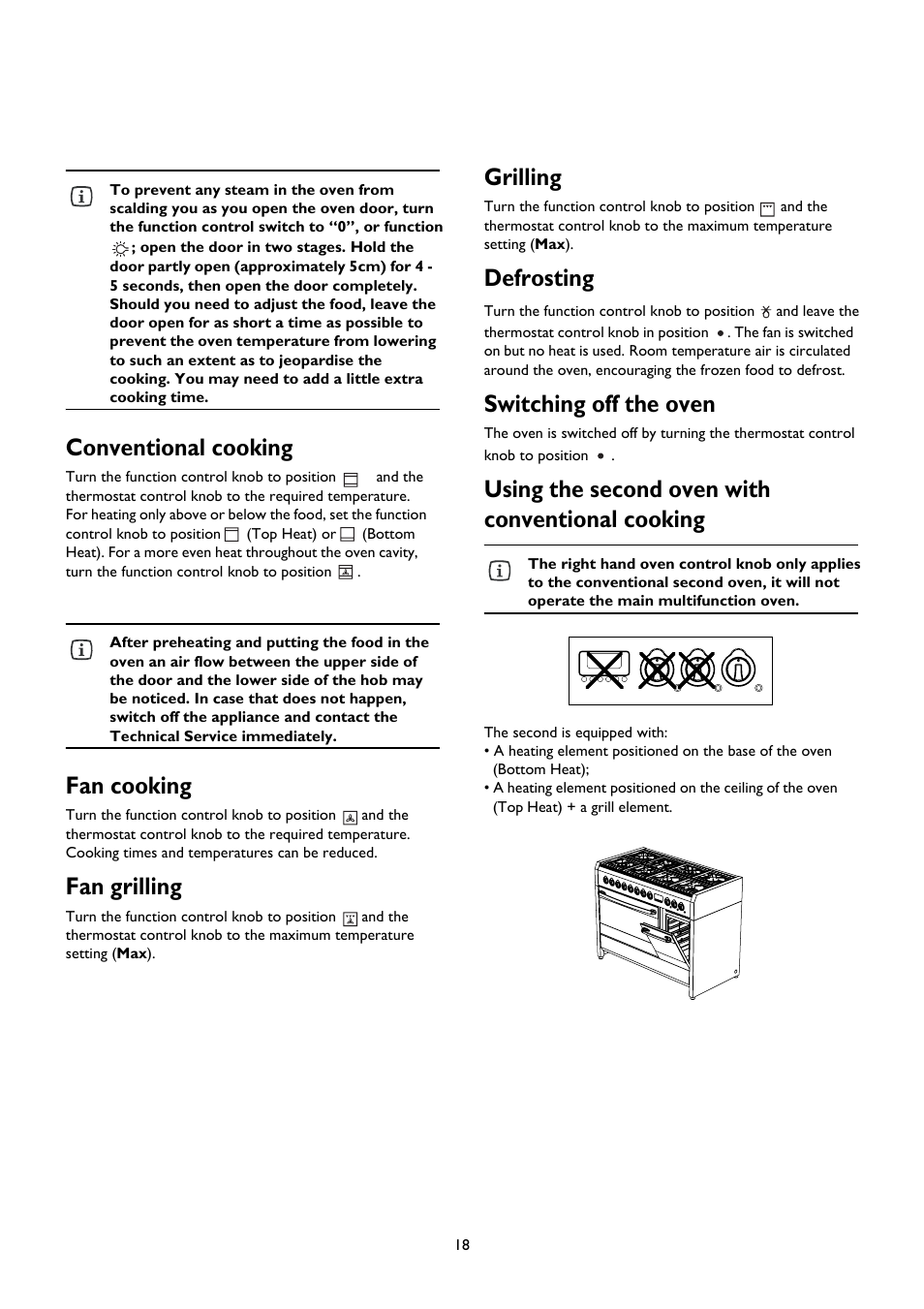 Conventional cooking, Fan cooking, Fan grilling | Grilling, Defrosting, Switching off the oven, Using the second oven with conventional cooking | John Lewis JLRC101 User Manual | Page 18 / 28