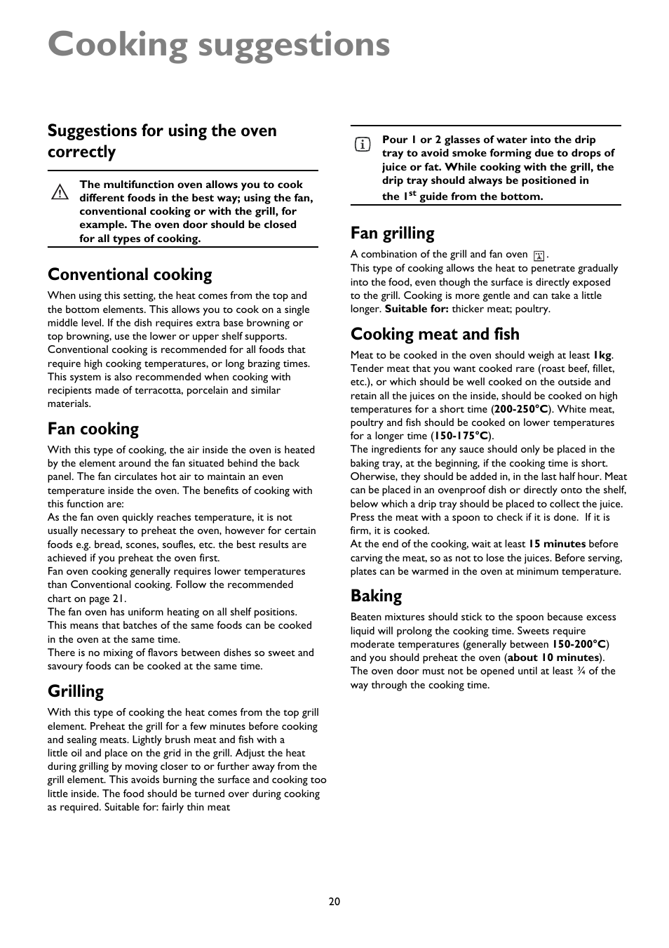 Cooking suggestions, Suggestions for using the oven correctly, Conventional cooking | Fan cooking, Grilling, Fan grilling, Cooking meat and fish, Baking | John Lewis JLRC101 User Manual | Page 20 / 28