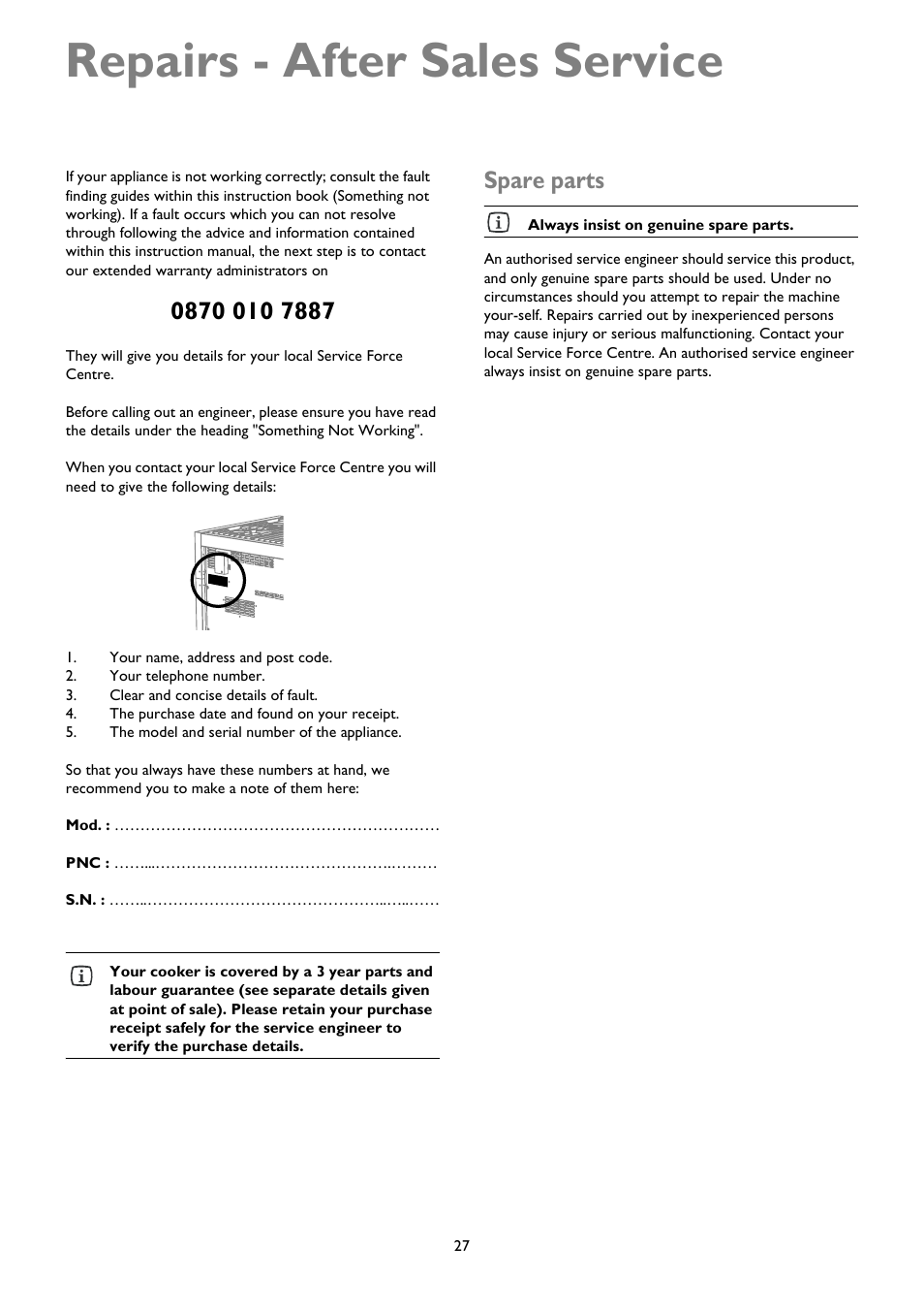 Repairs - after sales service, Spare parts | John Lewis JLRC101 User Manual | Page 27 / 28