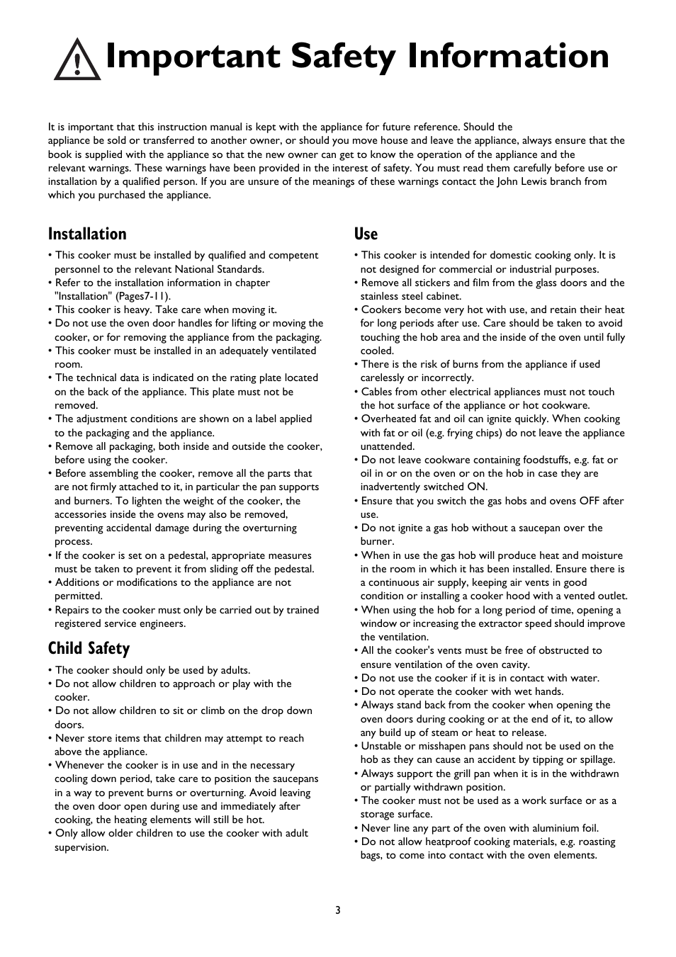 Important safety information, Installation, Child safety | John Lewis JLRC101 User Manual | Page 3 / 28