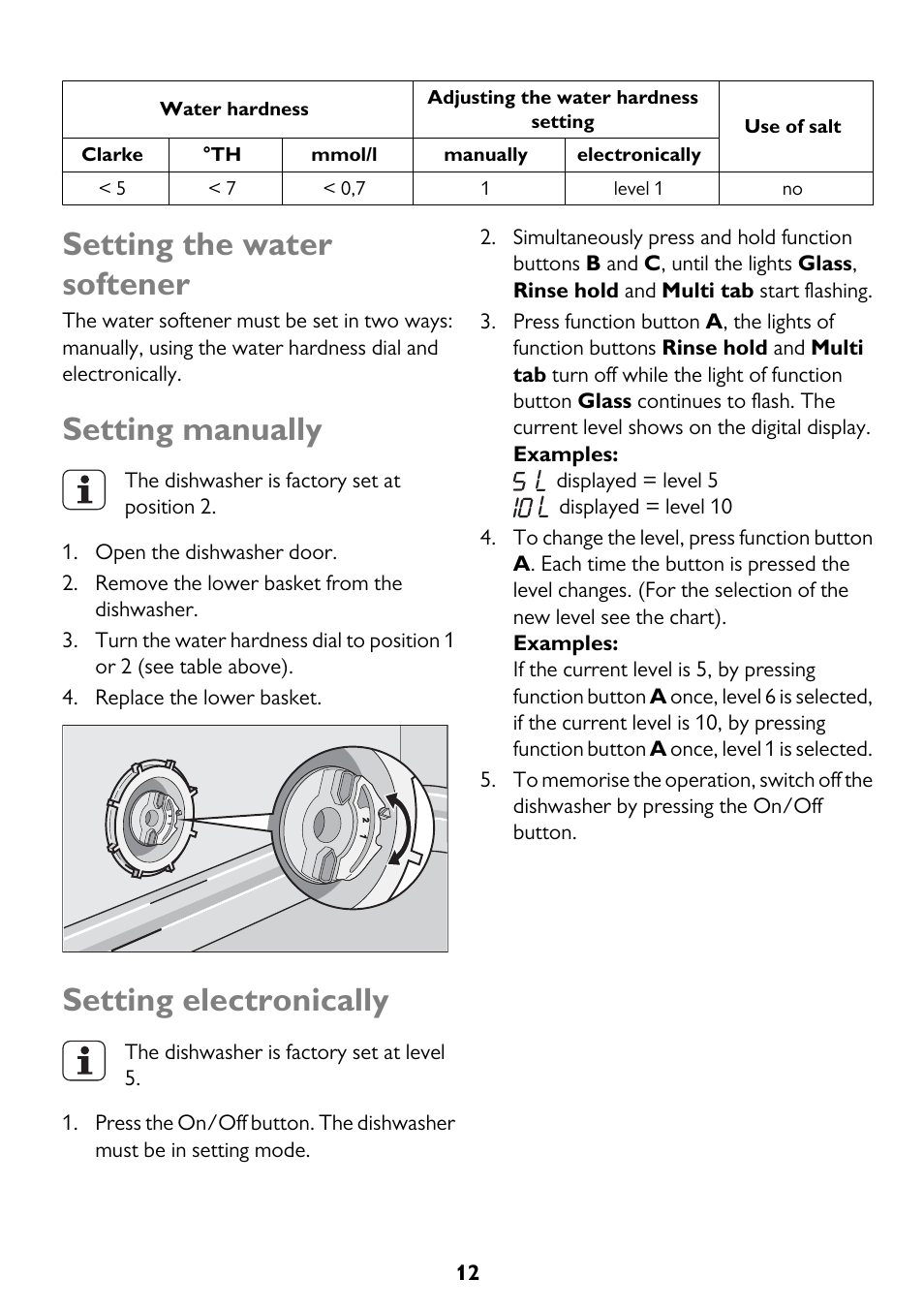 Setting the water softener, Setting manually, Setting electronically | John Lewis JLDWW 906 User Manual | Page 12 / 36