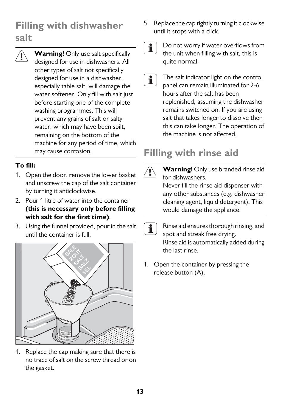 Filling with dishwasher salt, Filling with rinse aid | John Lewis JLDWW 906 User Manual | Page 13 / 36