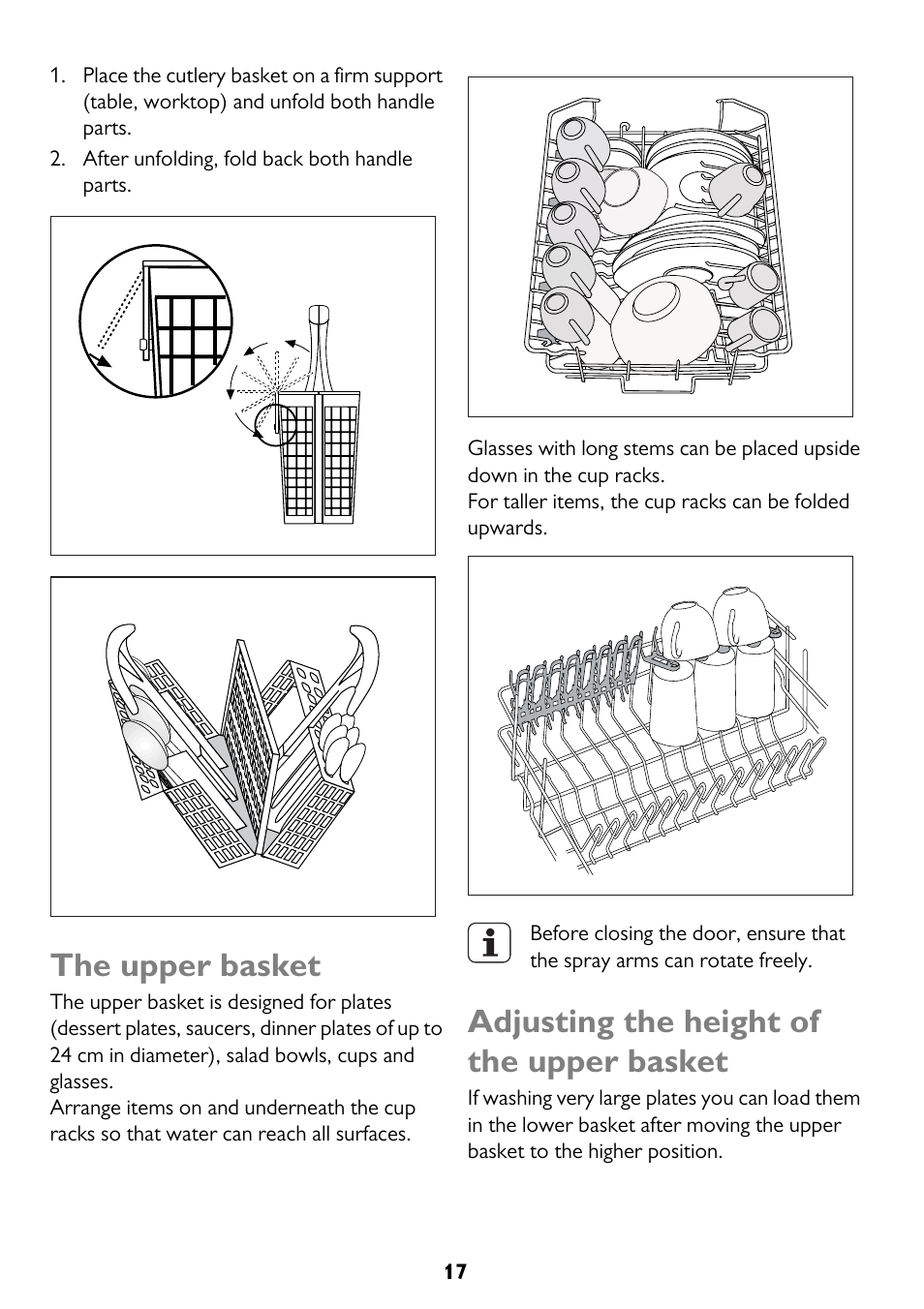 The upper basket, Adjusting the height of the upper basket | John Lewis JLDWW 906 User Manual | Page 17 / 36