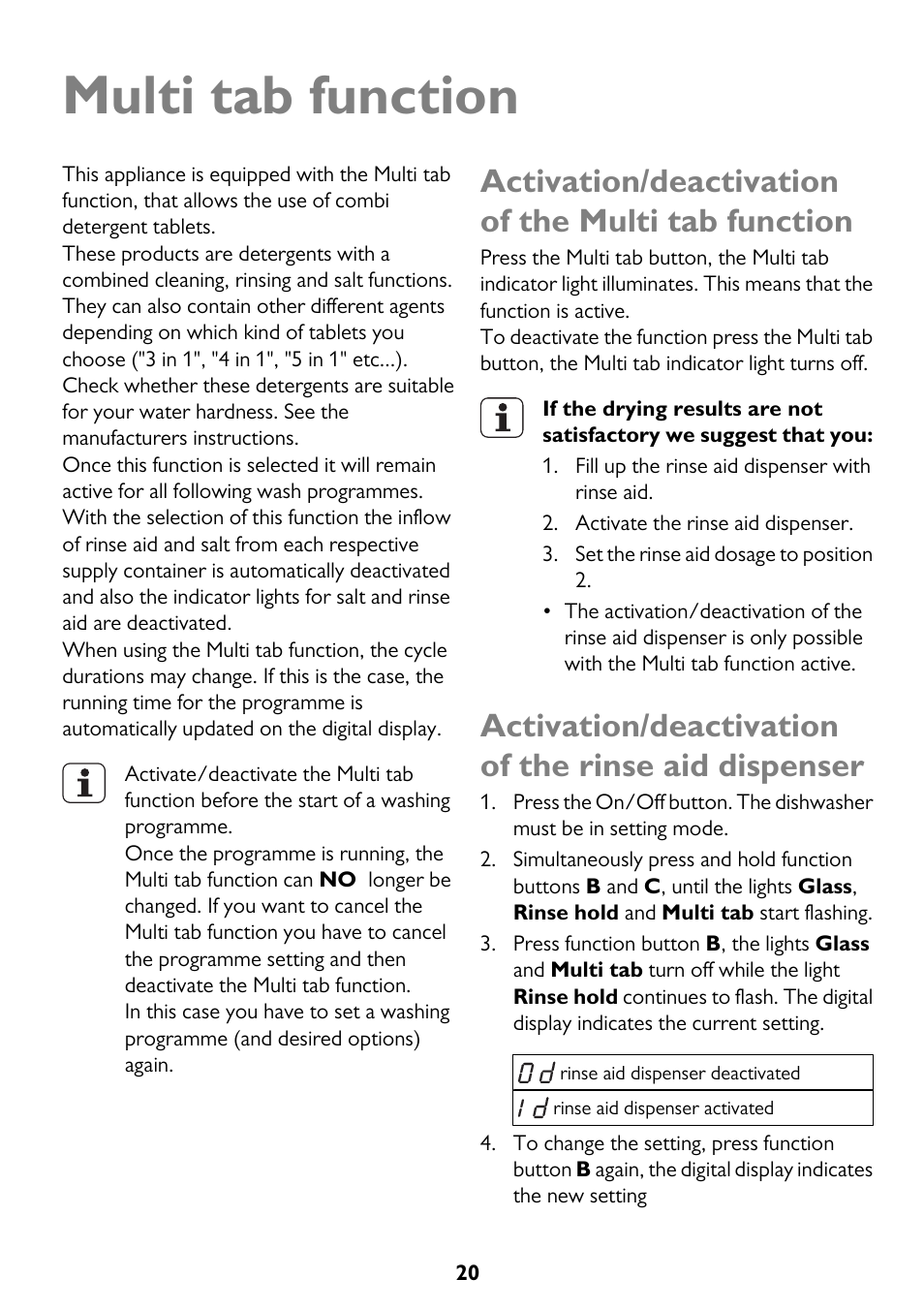 Multi tab function, Activation/deactivation of the multi tab function, Activation/deactivation of the rinse aid dispenser | John Lewis JLDWW 906 User Manual | Page 20 / 36