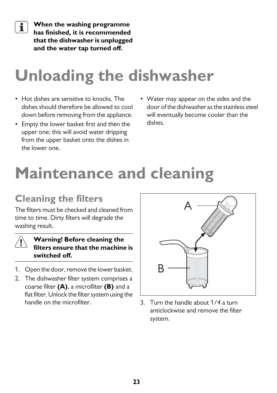 Unloading the dishwasher, Maintenance and cleaning, Cleaning the filters | John Lewis JLDWW 906 User Manual | Page 23 / 36