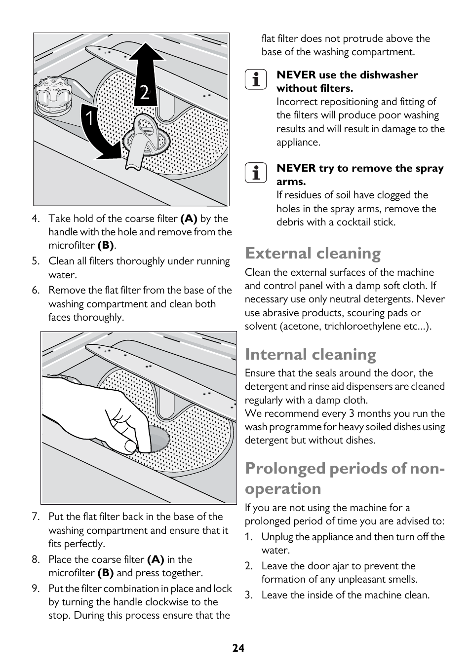 External cleaning, Internal cleaning, Prolonged periods of non- operation | John Lewis JLDWW 906 User Manual | Page 24 / 36