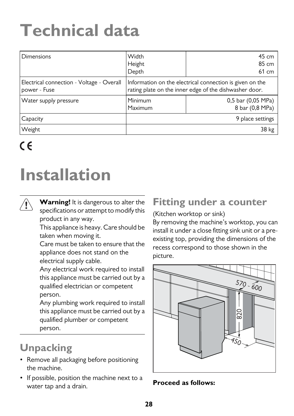 Technical data, Installation, Unpacking | Fitting under a counter | John Lewis JLDWW 906 User Manual | Page 28 / 36