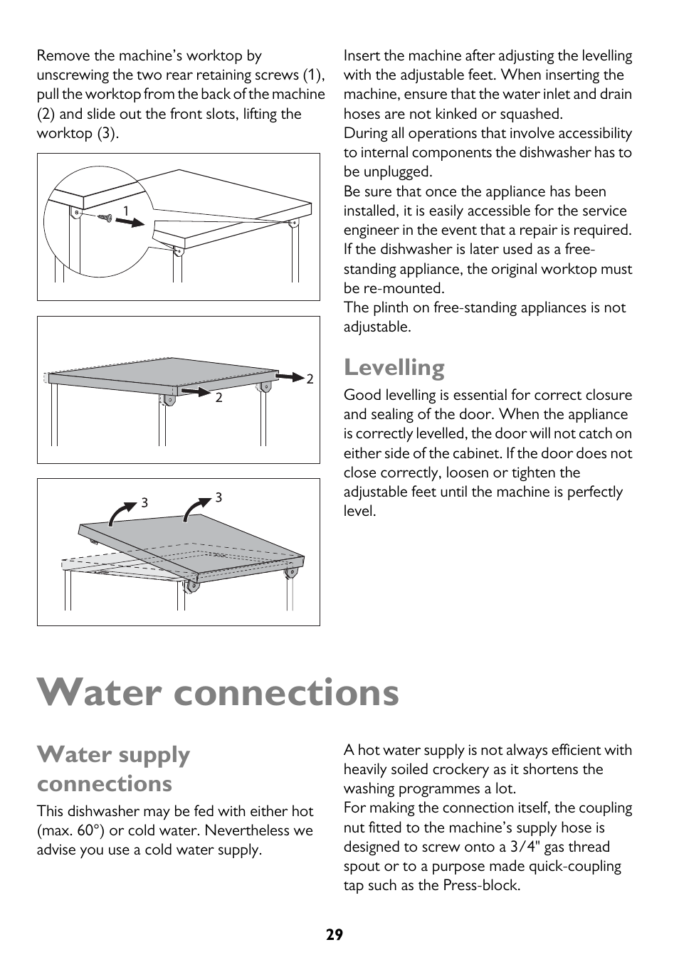 Water connections, Levelling, Water supply connections | John Lewis JLDWW 906 User Manual | Page 29 / 36