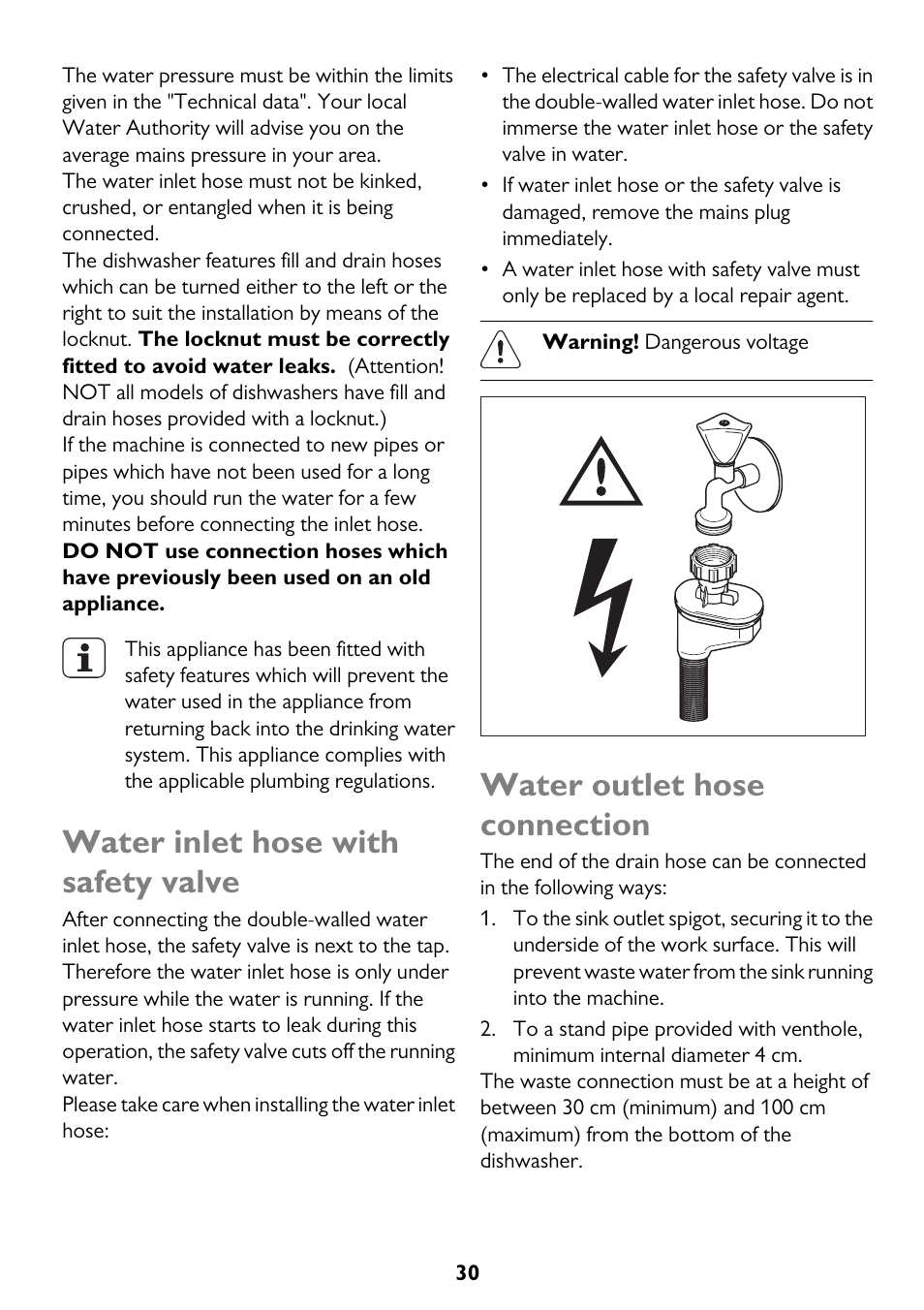 Water inlet hose with safety valve, Water outlet hose connection | John Lewis JLDWW 906 User Manual | Page 30 / 36