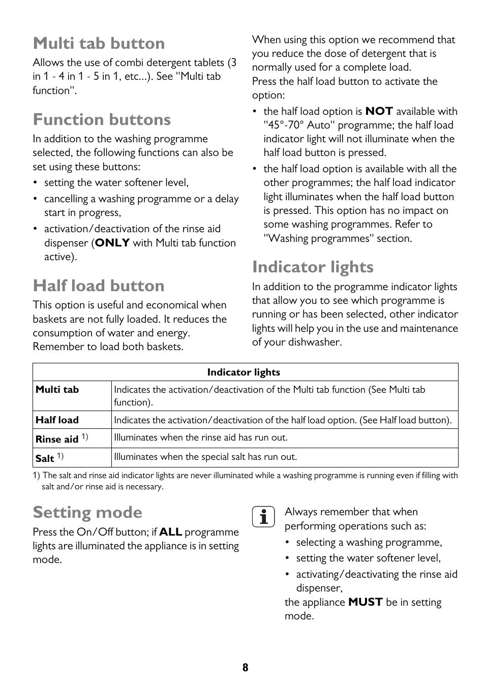 Multi tab button, Function buttons, Half load button | Indicator lights, Setting mode | John Lewis JLDWW 906 User Manual | Page 8 / 36