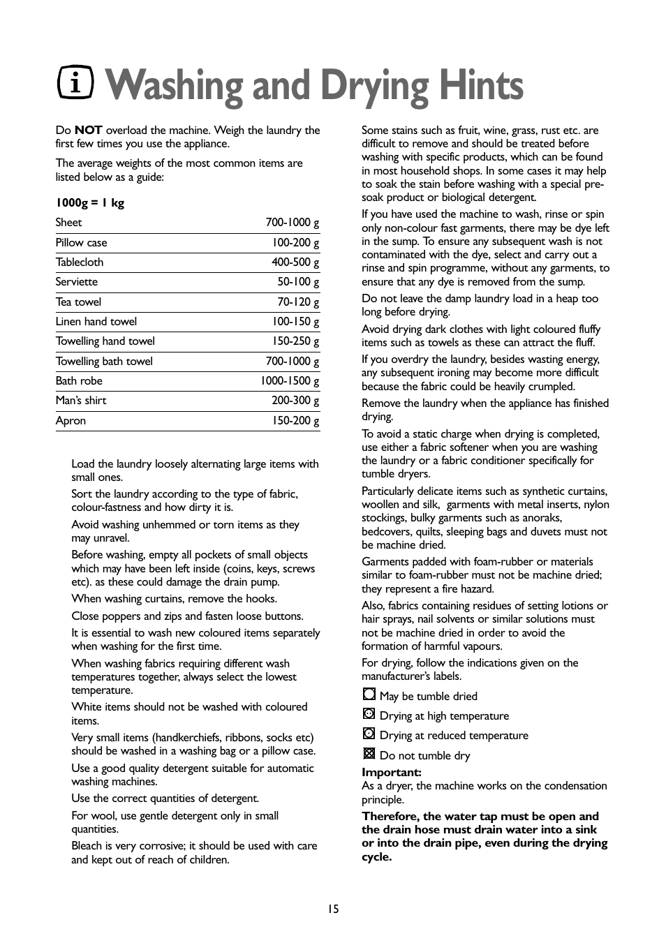 Washing and drying hints | John Lewis JLWD1404 User Manual | Page 15 / 29