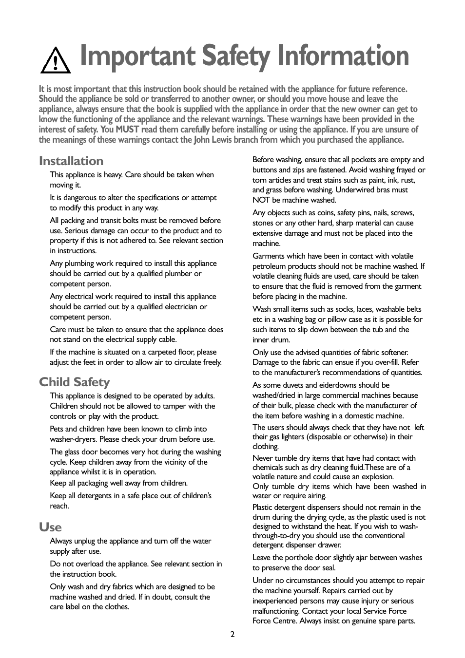 Important safety information, Installation, Child safety | John Lewis JLWD1404 User Manual | Page 2 / 29