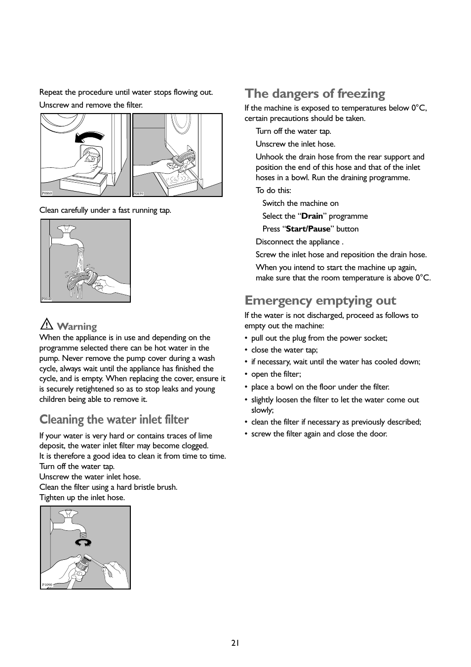 Cleaning the water inlet filter, The dangers of freezing, Emergency emptying out | Warning | John Lewis JLWD1404 User Manual | Page 21 / 29