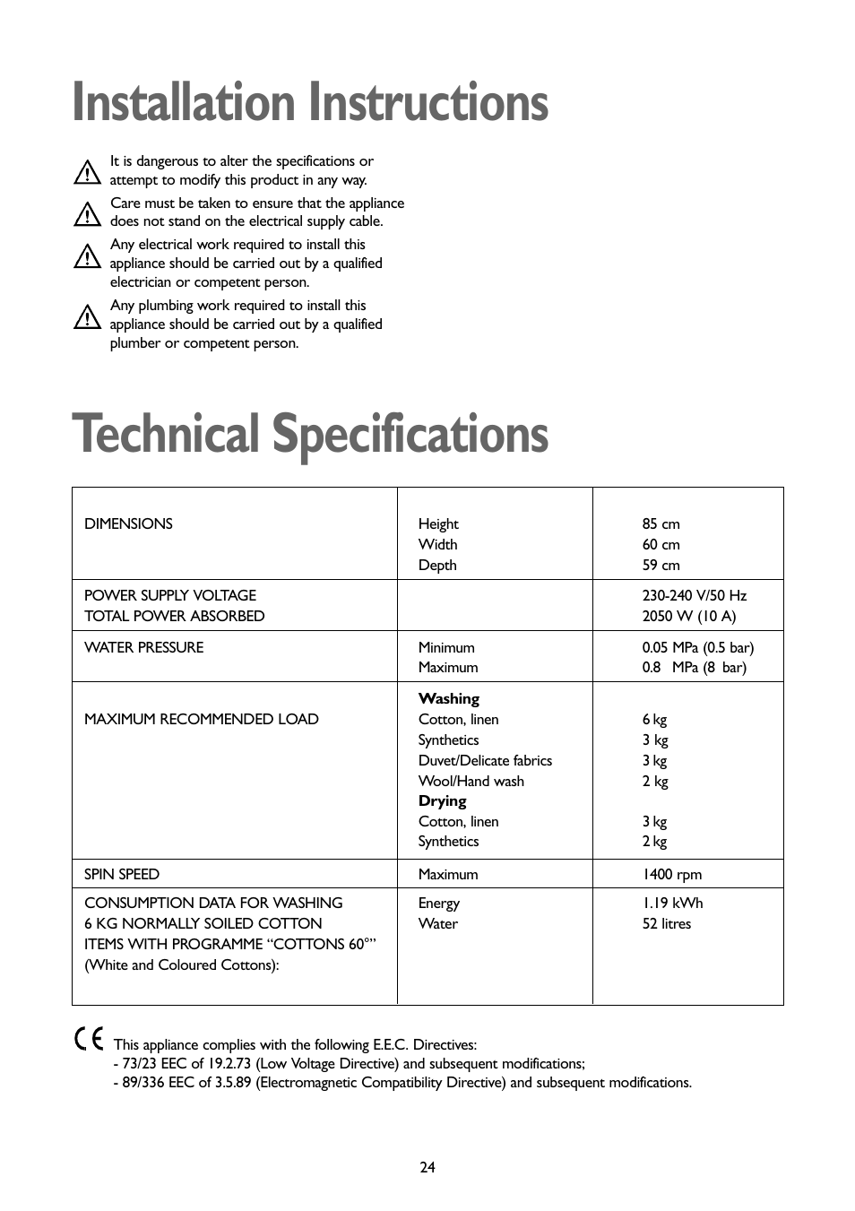 Installation instructions technical specifications | John Lewis JLWD1404 User Manual | Page 24 / 29