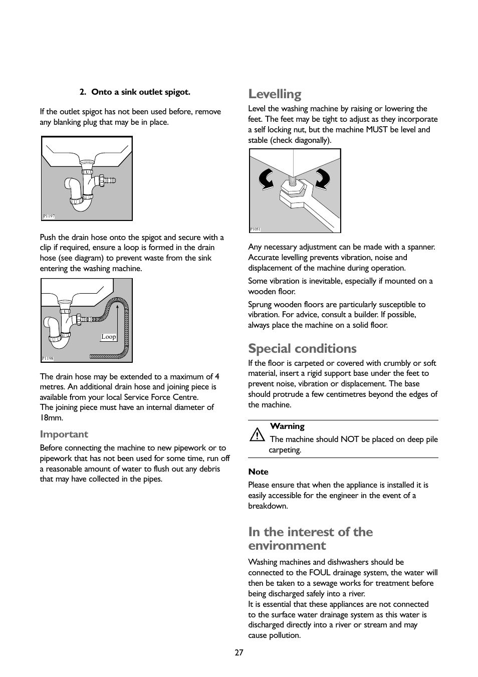 Levelling, Special conditions | John Lewis JLWD1404 User Manual | Page 27 / 29