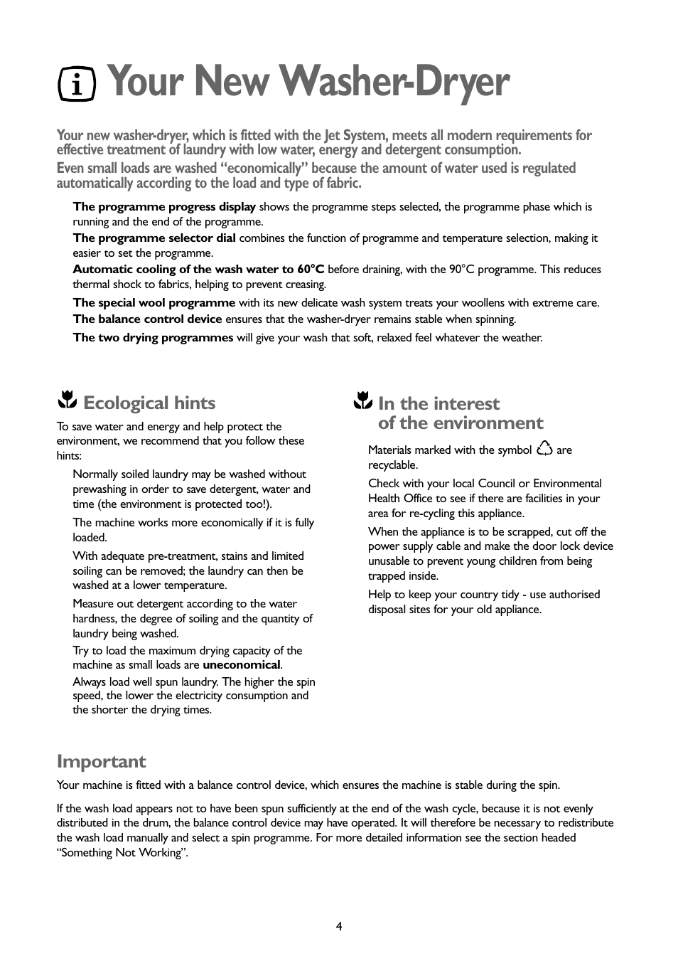 Your new washer-dryer, Ecological hints, Important | John Lewis JLWD1404 User Manual | Page 4 / 29