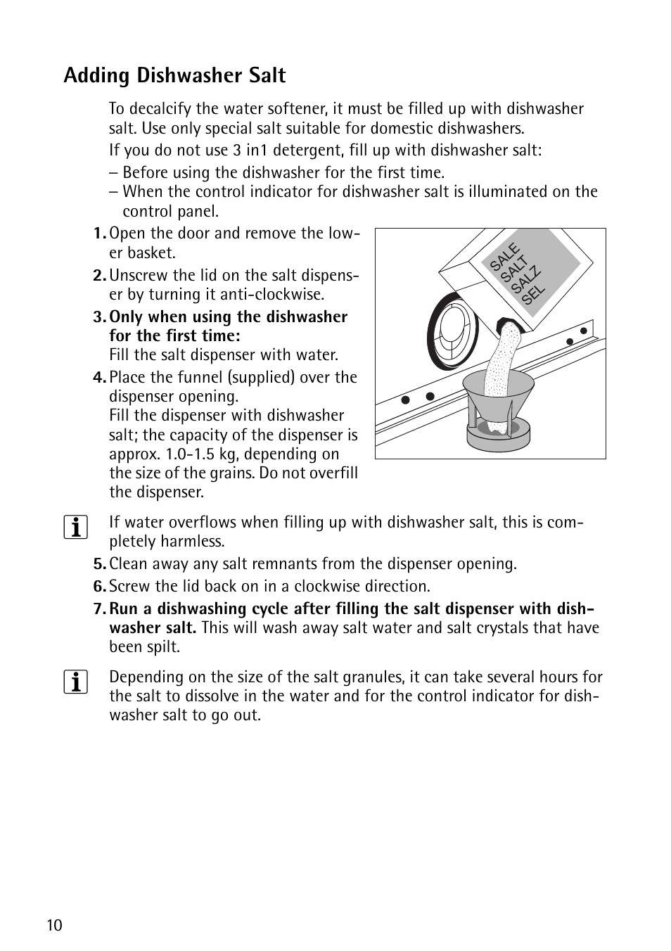 Adding dishwasher salt | John Lewis JLDWS1202 User Manual | Page 10 / 40