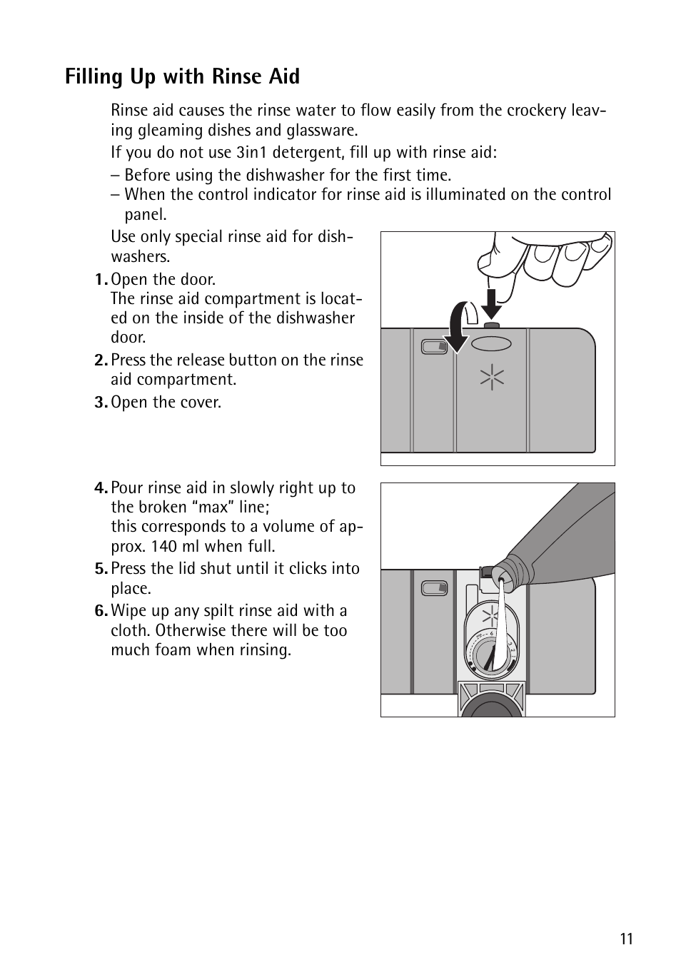 Filling up with rinse aid | John Lewis JLDWS1202 User Manual | Page 11 / 40