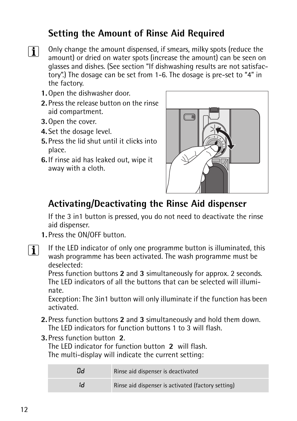 Setting the amount of rinse aid required, Activating/deactivating the rinse aid dispenser | John Lewis JLDWS1202 User Manual | Page 12 / 40