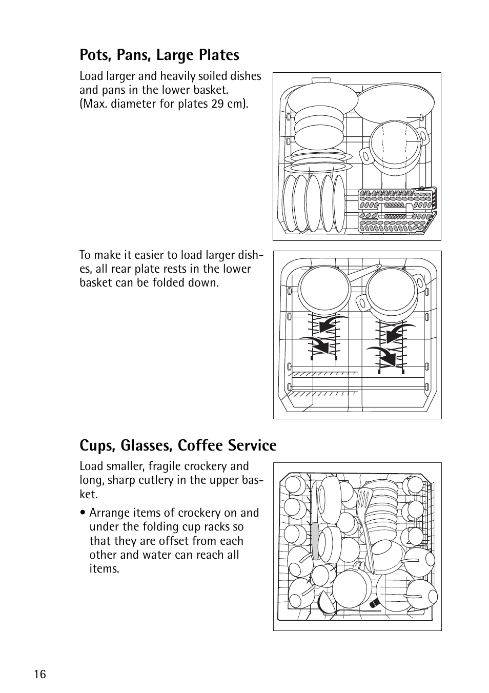 Pots, pans, large plates, Cups, glasses, coffee service | John Lewis JLDWS1202 User Manual | Page 16 / 40