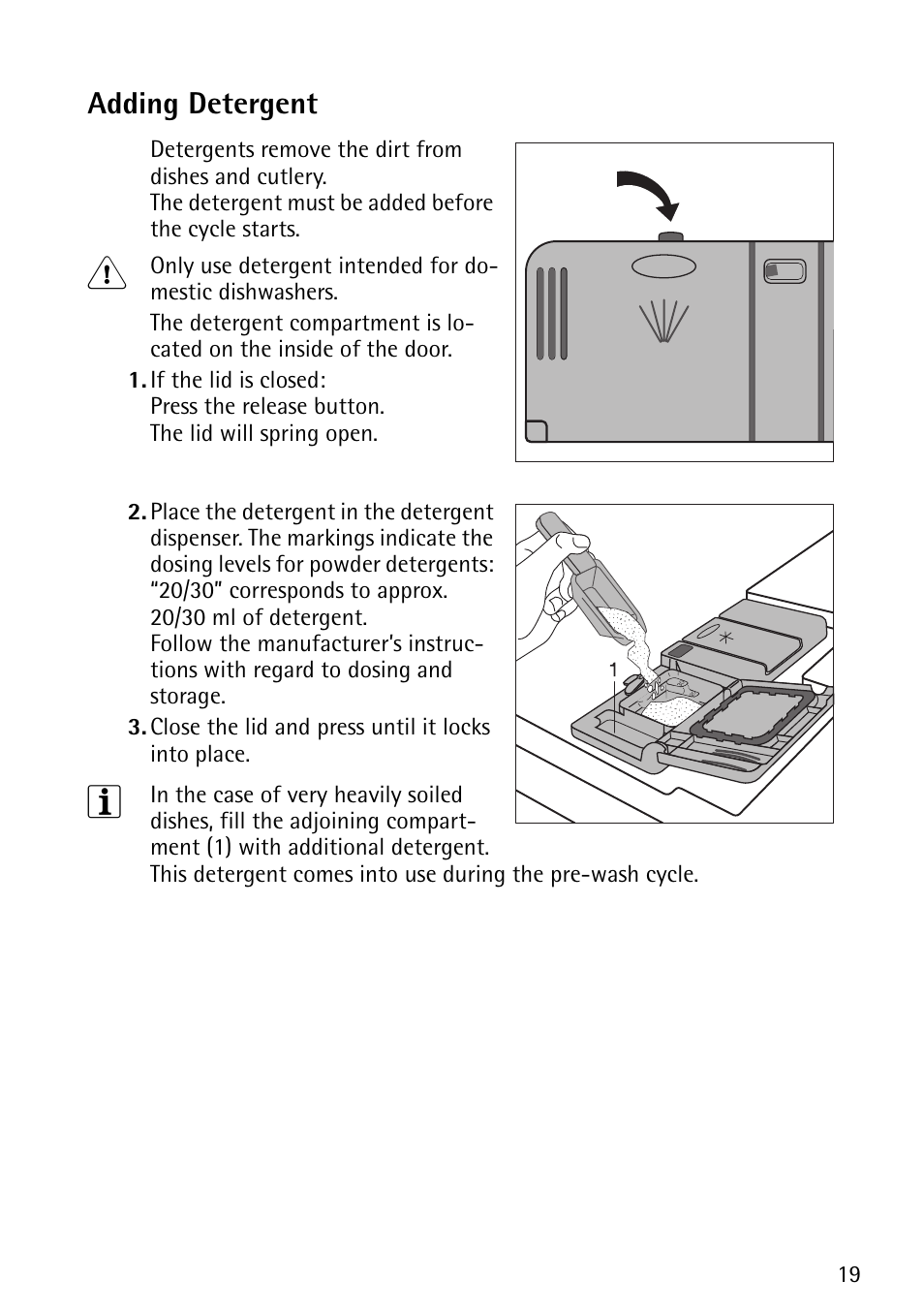 Adding detergent | John Lewis JLDWS1202 User Manual | Page 19 / 40