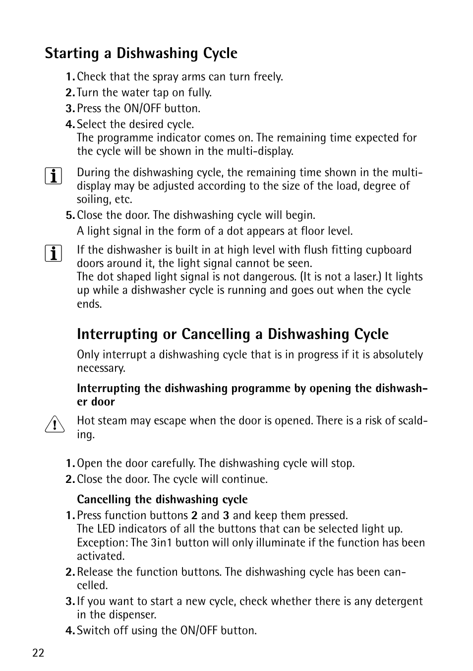 Starting a dishwashing cycle, Interrupting or cancelling a dishwashing cycle | John Lewis JLDWS1202 User Manual | Page 22 / 40