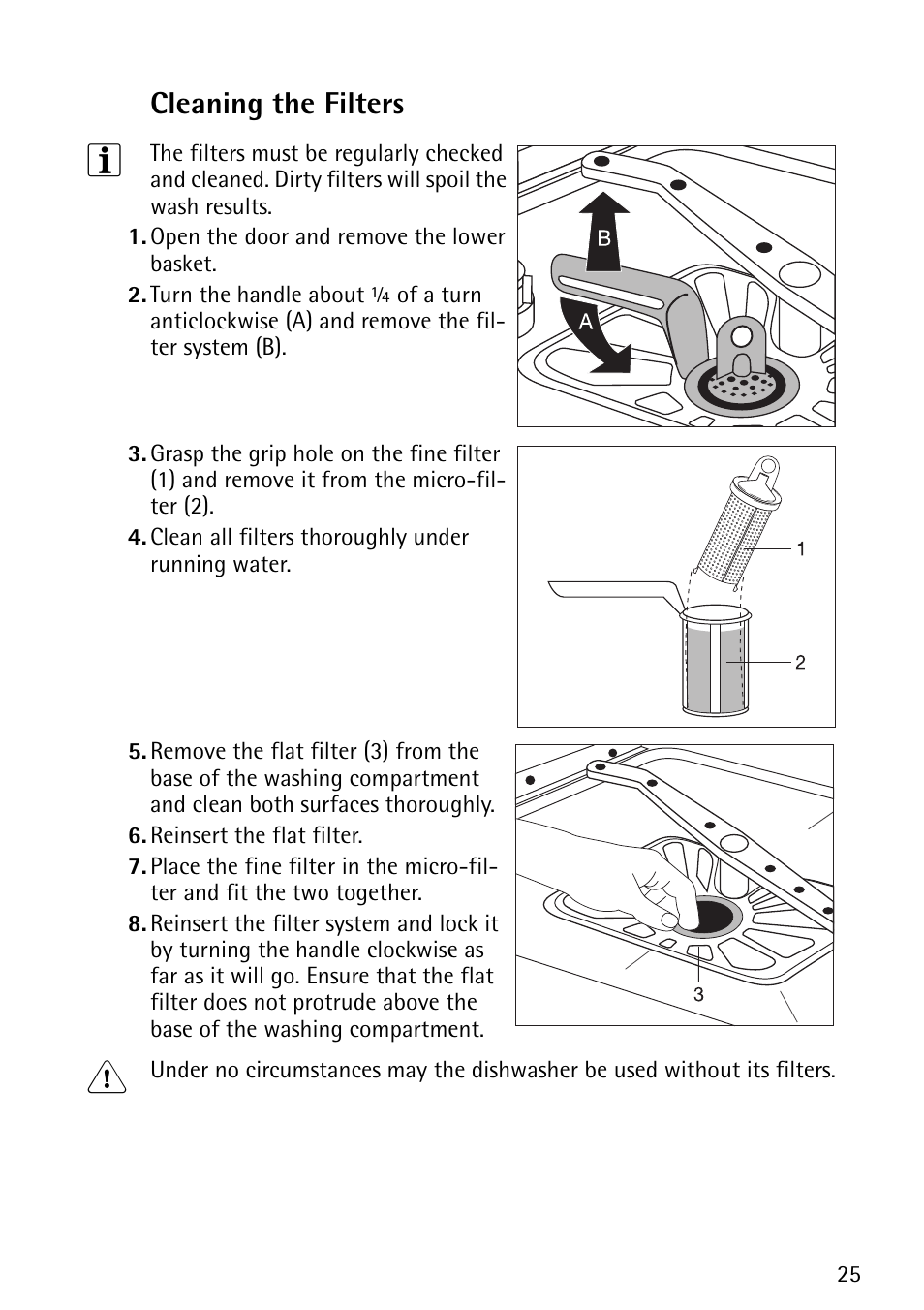 Cleaning the filters | John Lewis JLDWS1202 User Manual | Page 25 / 40