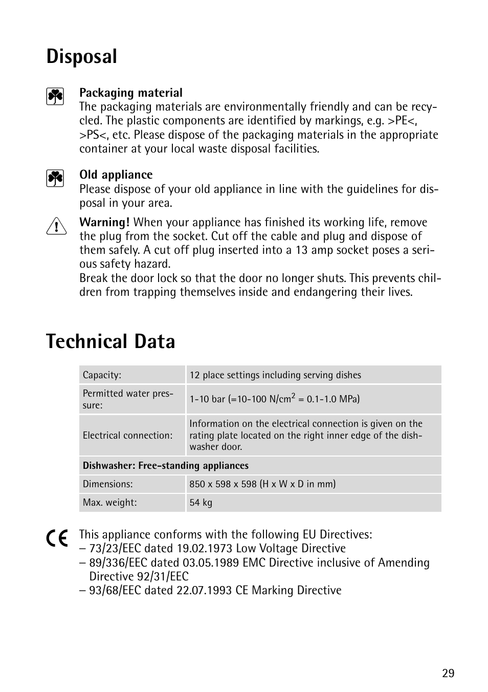 Disposal 2, Technical data 5 | John Lewis JLDWS1202 User Manual | Page 29 / 40