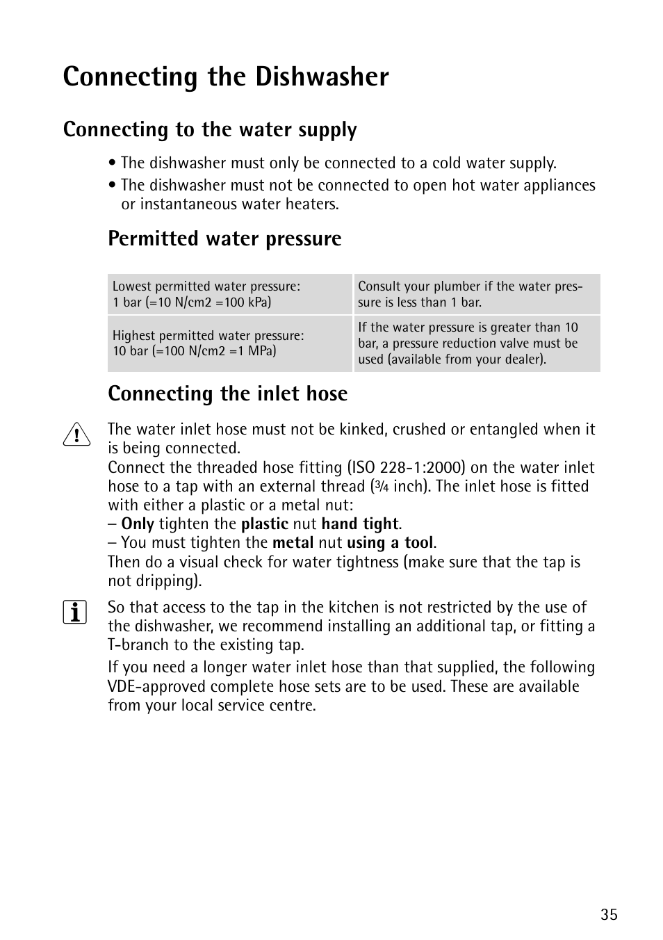 Connecting the dishwasher, Connecting to the water supply, Permitted water pressure connecting the inlet hose | John Lewis JLDWS1202 User Manual | Page 35 / 40