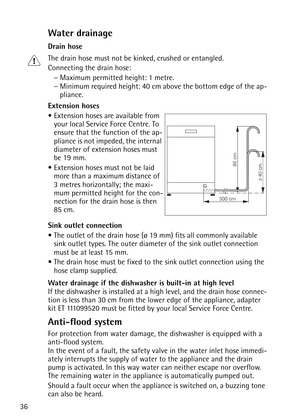 Water drainage, Anti-flood system | John Lewis JLDWS1202 User Manual | Page 36 / 40