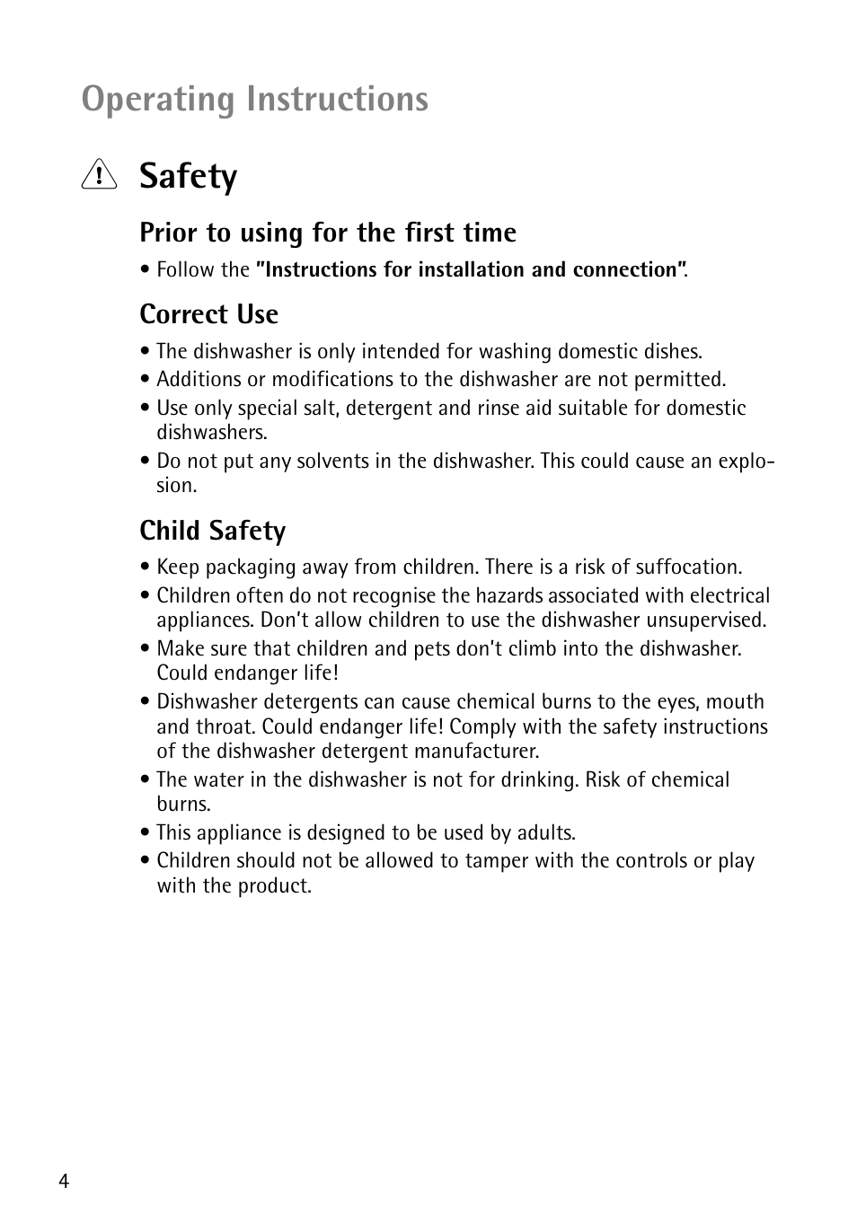 Operating instructions 1 safety, Prior to using for the first time, Correct use | Child safety | John Lewis JLDWS1202 User Manual | Page 4 / 40