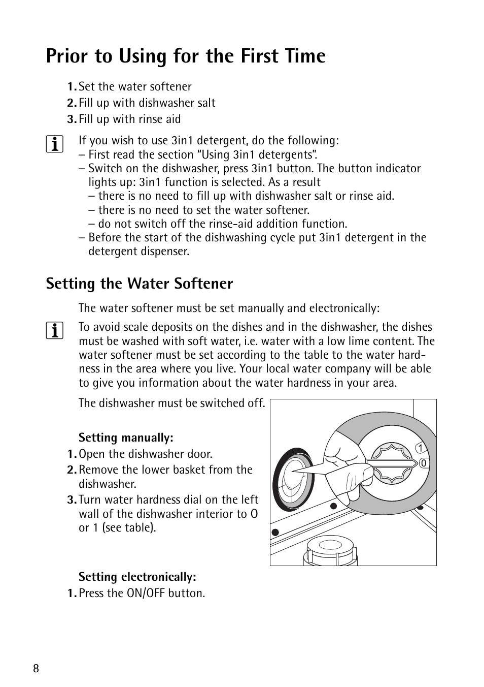 Prior to using for the first time, Setting the water softener | John Lewis JLDWS1202 User Manual | Page 8 / 40