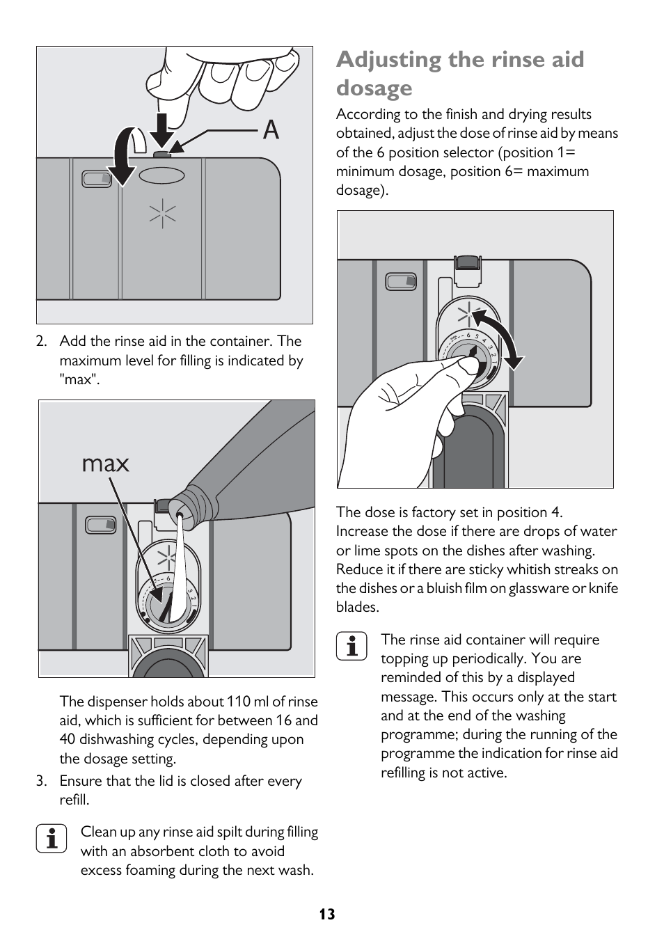 Adjusting the rinse aid dosage | John Lewis JLDWW 1206 User Manual | Page 13 / 36