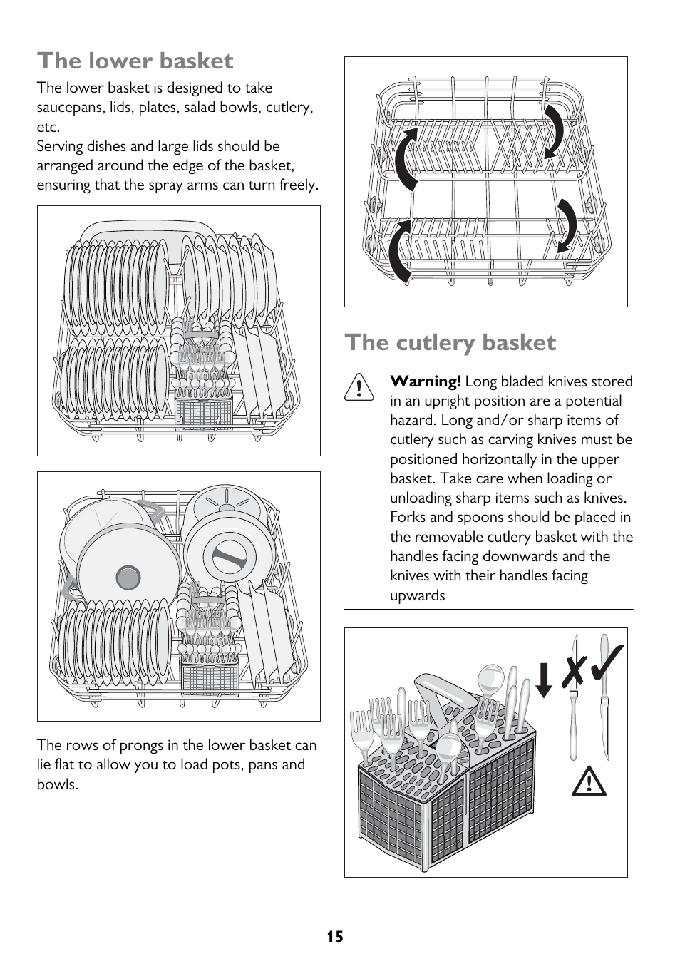 The lower basket, The cutlery basket | John Lewis JLDWW 1206 User Manual | Page 15 / 36
