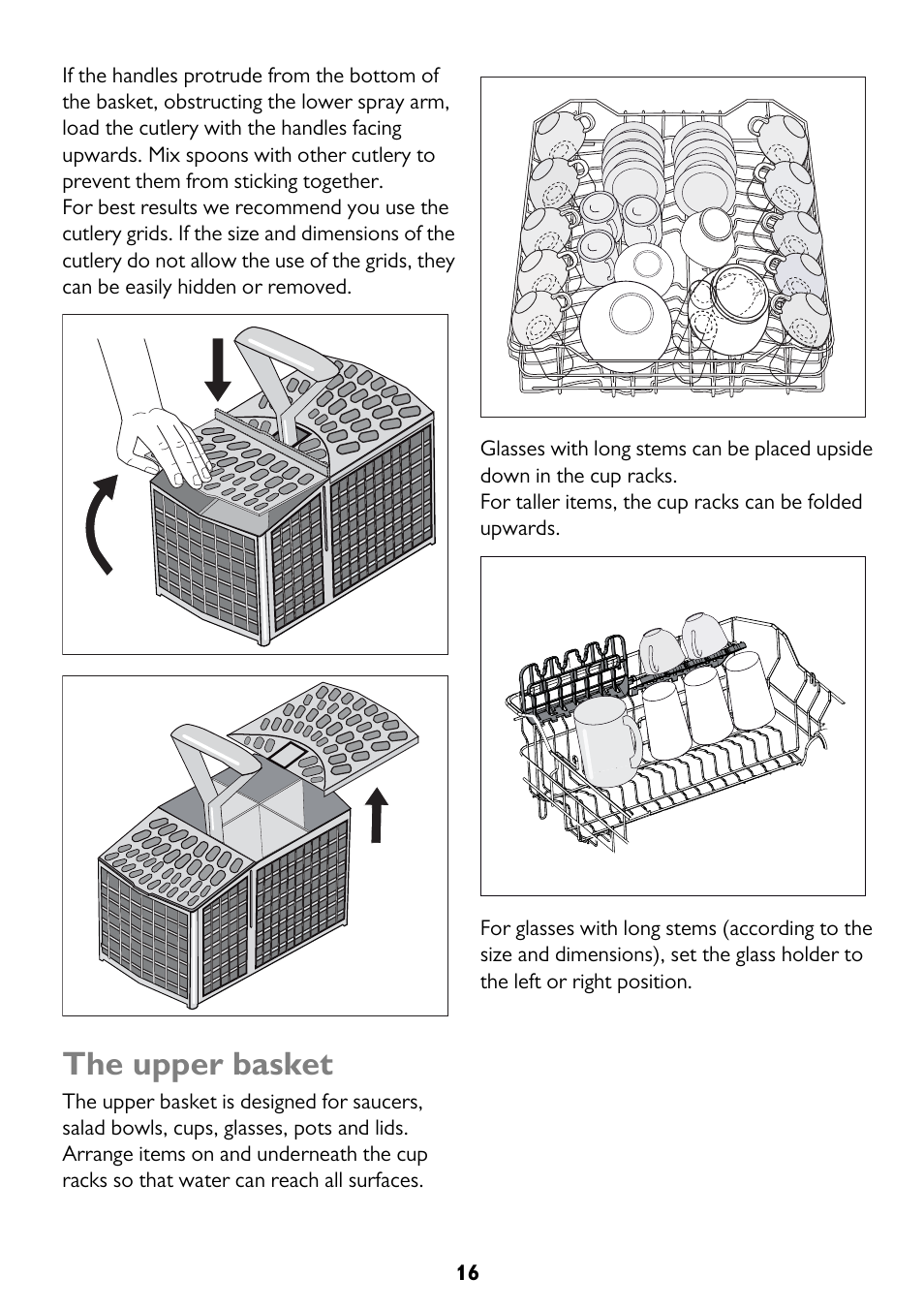 The upper basket | John Lewis JLDWW 1206 User Manual | Page 16 / 36